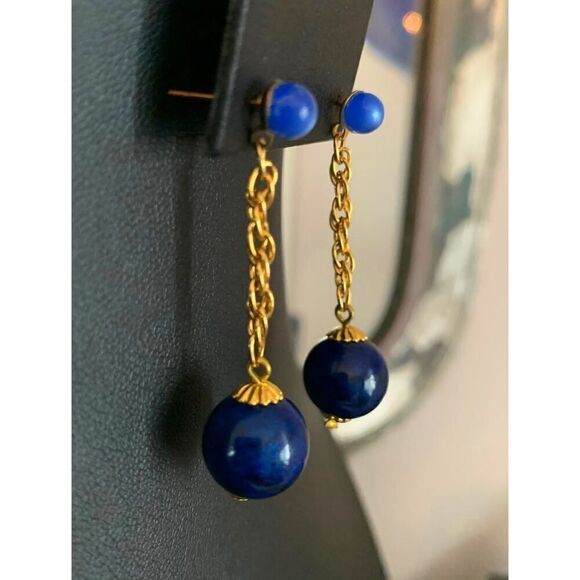 P Royal Blue Drop earrings, in Gold plate, Vintage, Marked - Picture 4 of 4